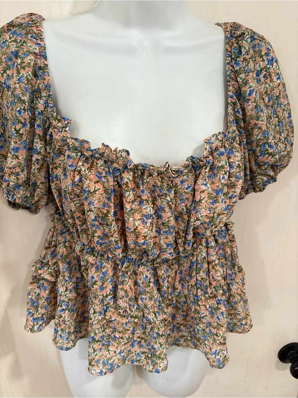 Astr Peach Floral Puff-Sleeve Peplum Top with Blue Flowers peasant baby doll